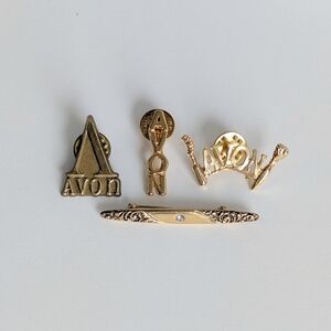 4pc Vintage Avon Gold Tone Pin Set • Signed Bar & Logo Representative Pins